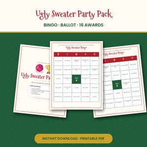 Kit de jeu et de récompenses à imprimer pour une fête de pulls moches : bingo, bulletin de vote et 16 certificats. Kit de concours de Noël (PDF). image 1