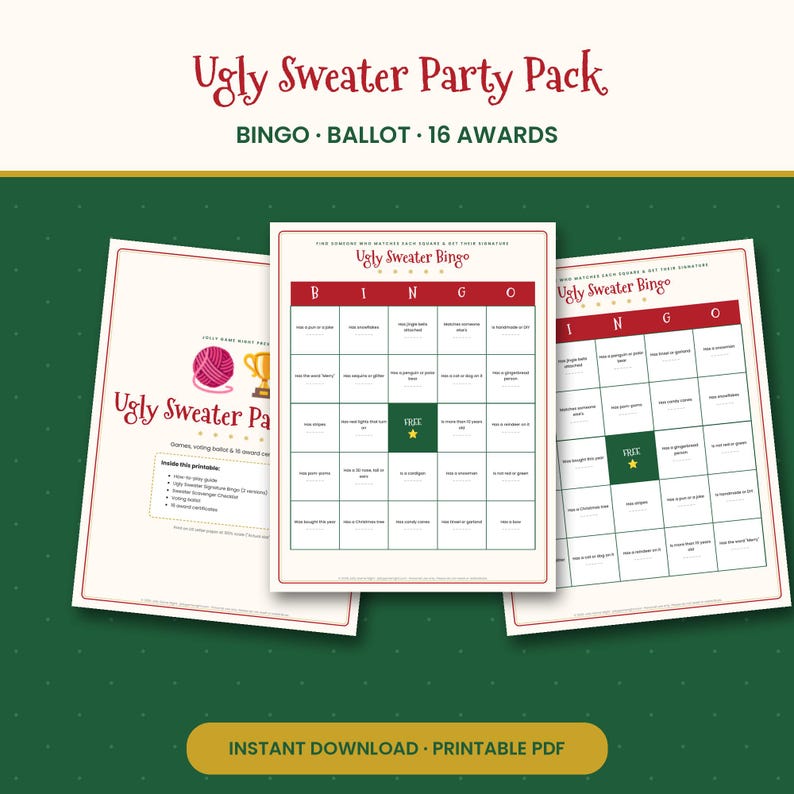Kit de jeu et de récompenses à imprimer pour une fête de pulls moches : bingo, bulletin de vote et 16 certificats. Kit de concours de Noël (PDF). image 1