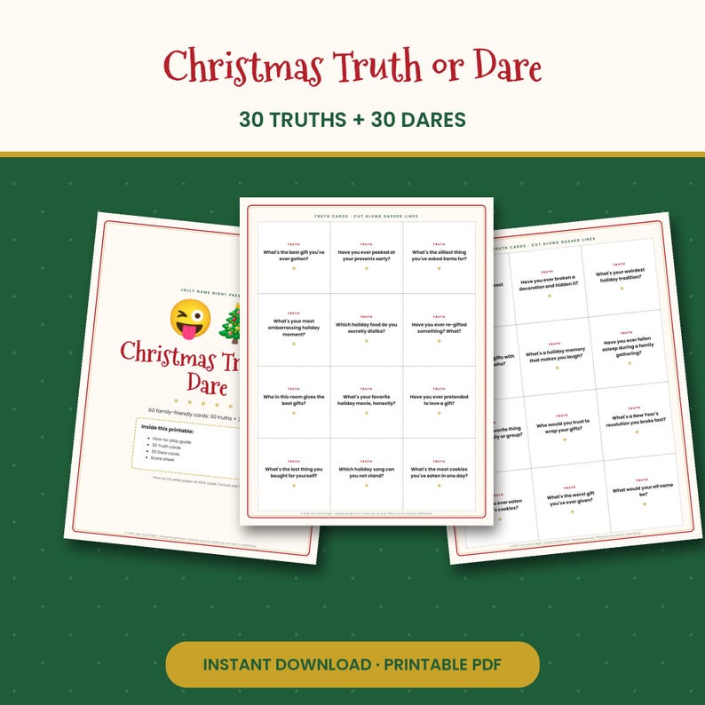 Christmas Truth or Dare Game, 60 Family Friendly Printable Cards, Holiday Party Game for Kids, Teens & Adults, Instant PDF image 1