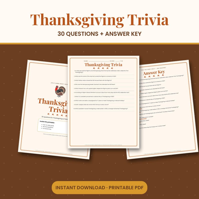 Thanksgiving Trivia Game Printable, 30 Questions with Answer Key, Friendsgiving Party Game for Family & Kids, Instant Download PDF image 1