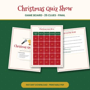 Könnte beinhalten: Ein druckbares Christmas Quiz Show Spielset mit einem zentralen roten Rasterbrett mit fünf Kategorien und Punktwerten von 100 bis 500. Das Set enthält ein Anleitungsblatt mit Mikrofon- und Pokalsymbol sowie eine Seite mit Hinweiskarten.
