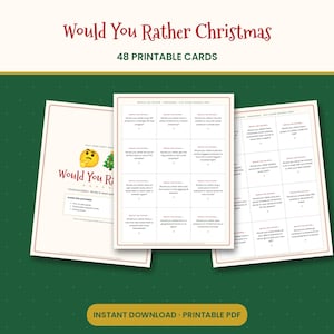 Peut inclure: Un ensemble de 48 cartes de jeu imprimables Would You Rather Christmas sur papier blanc avec des bordures rouges. Les cartes pr&eacute;sentent des questions textuelles, un emoji pensif et un sapin de No&euml;l. Le titre est Would You Rather Christmas.
