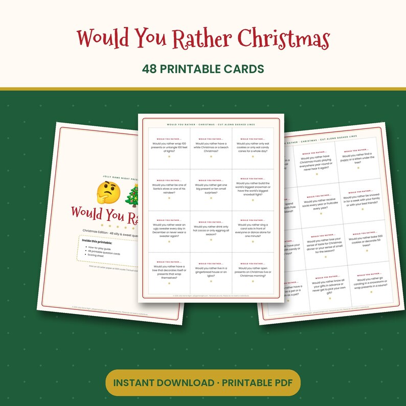 Peut inclure: Un ensemble de 48 cartes de jeu imprimables Would You Rather Christmas sur papier blanc avec des bordures rouges. Les cartes pr&eacute;sentent des questions textuelles, un emoji pensif et un sapin de No&euml;l. Le titre est Would You Rather Christmas.