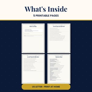 May include: A set of five printable pages titled What's Inside, featuring a How to Play sheet, two 2026 Year in Review sheets with questions, and an Answer Key sheet. The documents are formatted for US Letter size and are for home printing.
