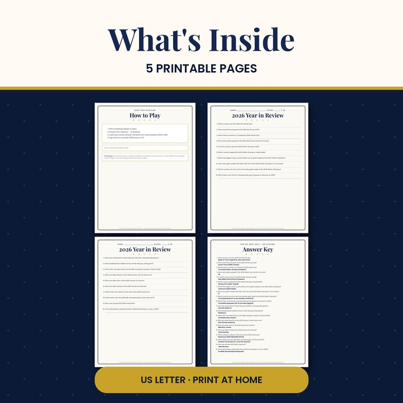 May include: A set of five printable pages titled What's Inside, featuring a How to Play sheet, two 2026 Year in Review sheets with questions, and an Answer Key sheet. The documents are formatted for US Letter size and are for home printing.