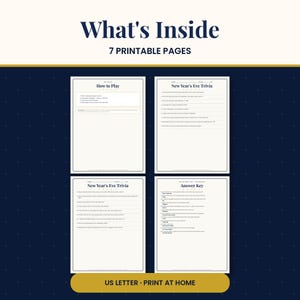 May include: A set of 7 printable pages for a New Year's Eve trivia game. The document includes a How to Play sheet, two New Year's Eve Trivia question sheets, and an Answer Key. The text is printed in dark blue on white paper, formatted for US Letter.