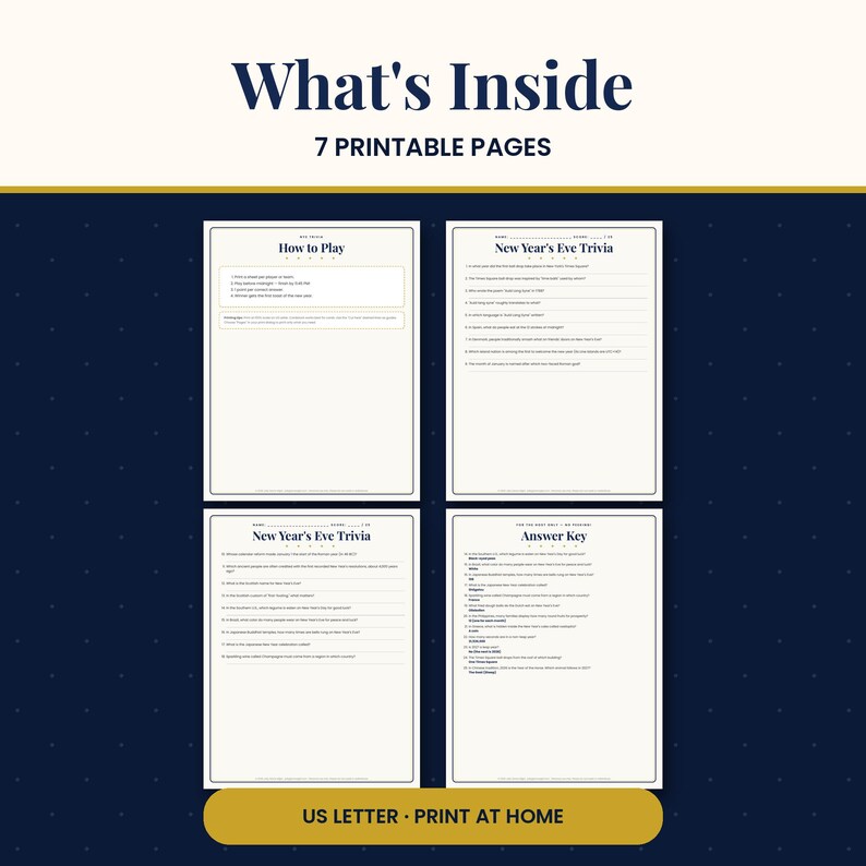 May include: A set of 7 printable pages for a New Year's Eve trivia game. The document includes a How to Play sheet, two New Year's Eve Trivia question sheets, and an Answer Key. The text is printed in dark blue on white paper, formatted for US Letter.