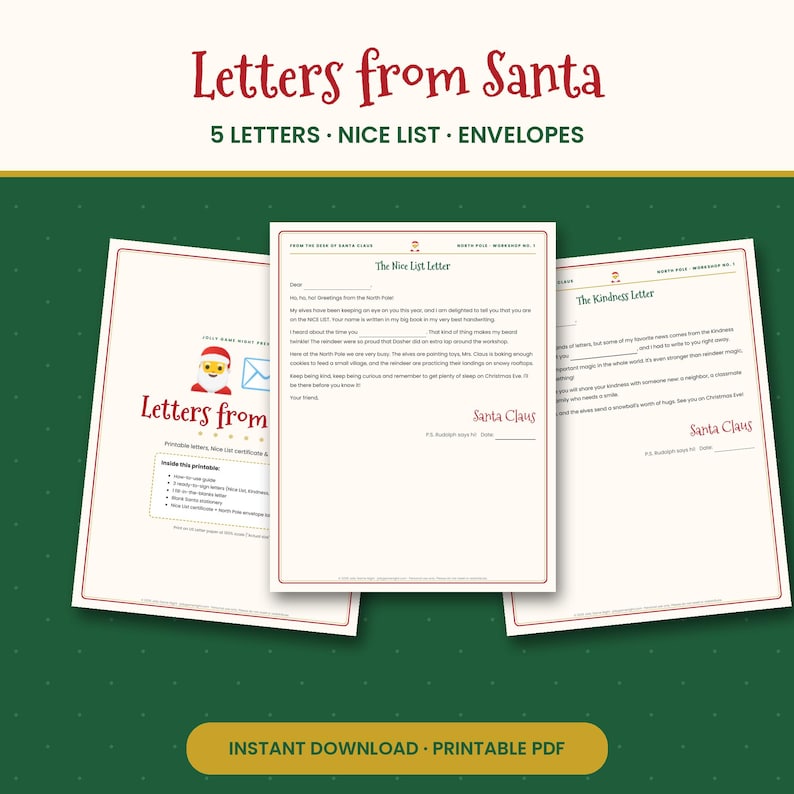 Letter from Santa Printable, 5 Santa Letter Templates, Nice List Certificate & North Pole Envelope Labels, Christmas Eve PDF image 1