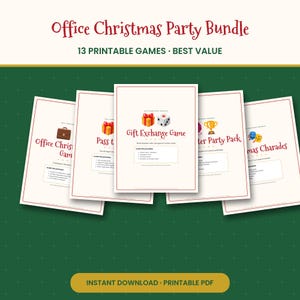 K&ouml;nnte beinhalten: Ein digitales Paket mit 13 ausdruckbaren Weihnachtsspielen f&uuml;r das B&uuml;ro, bestehend aus wei&szlig;en Seiten mit rotem Rand, festlichen Symbolen wie Geschenken und W&uuml;rfeln sowie Titeln wie Office Christmas Games, Pass the Gift und Christmas Charades.