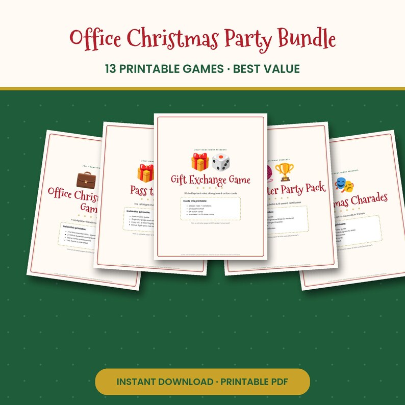 K&ouml;nnte beinhalten: Ein digitales Paket mit 13 ausdruckbaren Weihnachtsspielen f&uuml;r das B&uuml;ro, bestehend aus wei&szlig;en Seiten mit rotem Rand, festlichen Symbolen wie Geschenken und W&uuml;rfeln sowie Titeln wie Office Christmas Games, Pass the Gift und Christmas Charades.