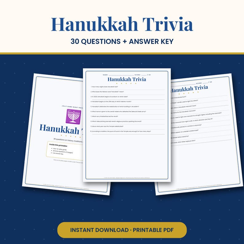 May include: A Hanukkah Trivia printable game set featuring three white pages with blue text. The pages include 30 questions about history and traditions, a score section, and a purple menorah icon. The text reads Hanukkah Trivia.