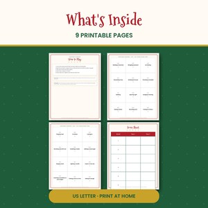 Op de afbeelding: Een set van 9 printbare pagina's voor een kerstcharades-spel. Het document bevat een instructieblad How to Play, twee pagina's met spelkaarten met vakantie-onderwerpen en een scoreblad. De tekst luidt What's Inside, 9 PRINTABLE PAGES, How to Play, Score Sheet en US LETTER - PRINT AT HOME.
