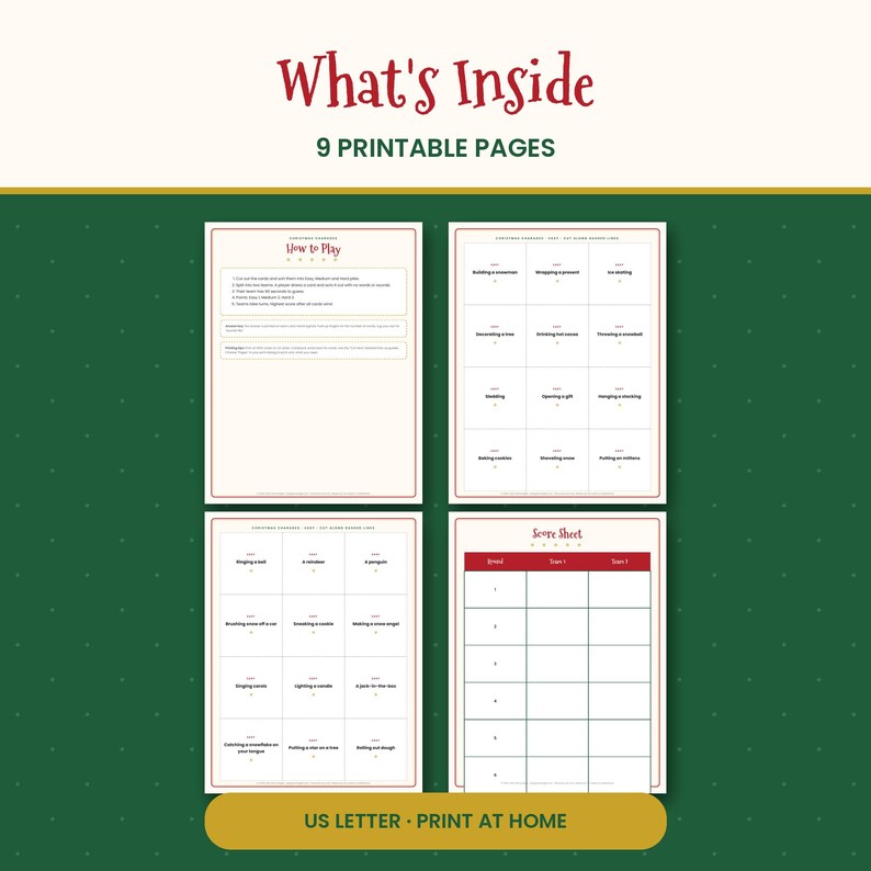 Op de afbeelding: Een set van 9 printbare pagina's voor een kerstcharades-spel. Het document bevat een instructieblad How to Play, twee pagina's met spelkaarten met vakantie-onderwerpen en een scoreblad. De tekst luidt What's Inside, 9 PRINTABLE PAGES, How to Play, Score Sheet en US LETTER - PRINT AT HOME.