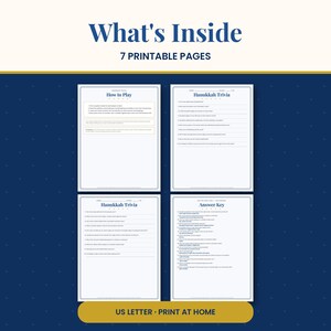 May include: A digital set of 7 printable pages titled What's Inside, featuring Hanukkah Trivia game sheets with How to Play instructions and an Answer Key. The documents are formatted for US Letter size and are designed for home printing.