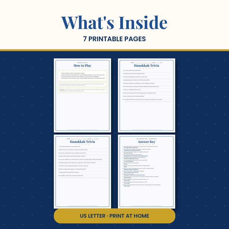 May include: A digital set of 7 printable pages titled What's Inside, featuring Hanukkah Trivia game sheets with How to Play instructions and an Answer Key. The documents are formatted for US Letter size and are designed for home printing.