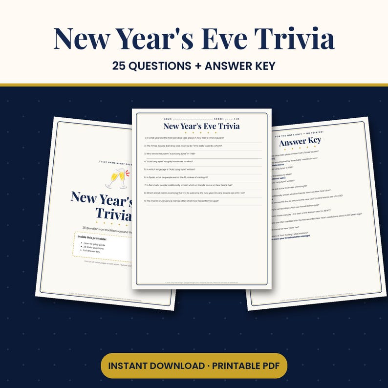 May include: A printable New Year's Eve trivia game set featuring three white pages with dark blue text. The pages include a title page with champagne glasses, a page with 25 numbered questions, and a page with an answer key.