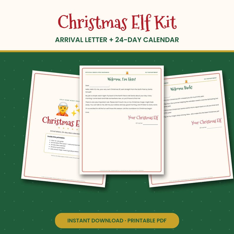 Weihnachtselfen-Ankunftsbrief zum Ausdrucken, 24-Tage-Elfen-Ideenkalender, Willkommens- und Abschiedsbriefe, Ideen-Set für einfache Elfen (PDF) Bild 1