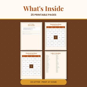 May include: A digital set of 25 printable pages featuring Thanksgiving Bingo games. The document includes a How to Play sheet, two unique Thanksgiving Bingo cards with a central free space, and a Caller's Checklist. Text is in US Letter format.