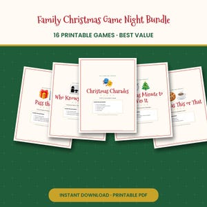 May include: A digital bundle of 16 printable Christmas games featuring titles like Christmas Charades, Pass the Gift, Who Knows, Minute to Win It, and This or That. Each game sheet includes instructions and icons on a white background with red borders.
