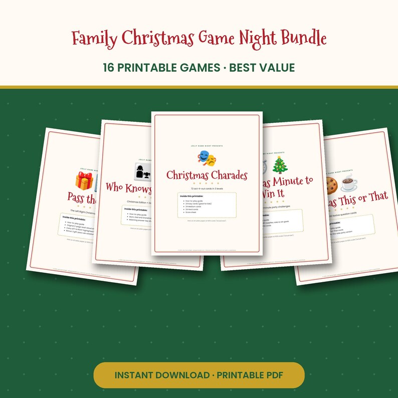 May include: A digital bundle of 16 printable Christmas games featuring titles like Christmas Charades, Pass the Gift, Who Knows, Minute to Win It, and This or That. Each game sheet includes instructions and icons on a white background with red borders.