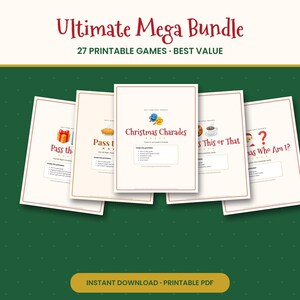 May include: A digital bundle of 27 printable Christmas games featuring titles like Christmas Charades, Pass the Gift, This or That, and Who Am I. Each page includes game instructions, lists of contents, and festive icons on a cream background.