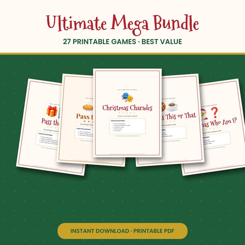May include: A digital bundle of 27 printable Christmas games featuring titles like Christmas Charades, Pass the Gift, This or That, and Who Am I. Each page includes game instructions, lists of contents, and festive icons on a cream background.