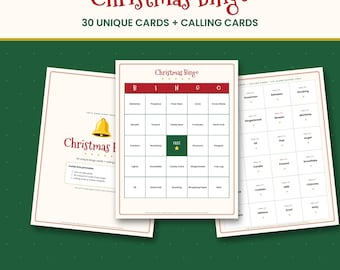 Christmas Bingo Printable, 30 Unique Bingo Cards with Calling Cards, Holiday Party Game for Kids & Adults, Classroom Bingo, PDF