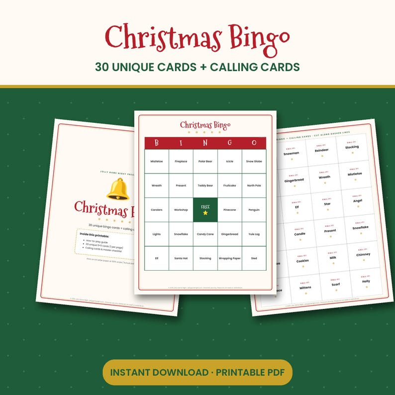 May include: A Christmas Bingo game set featuring 30 unique cards and calling cards in a printable PDF format. The design includes a red and green color scheme with a central bingo grid, a gold bell icon, and text reading Christmas Bingo.