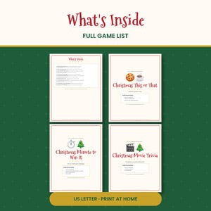 K&ouml;nnte beinhalten: Ein druckbares Spieleset mit einer Liste namens What's Inside, Christmas This or That mit Keks- und Kakao-Symbol, Christmas Minute to Win It mit Timer und Baum sowie Christmas Movie Trivia mit Filmklappe und Baum-Symbol.