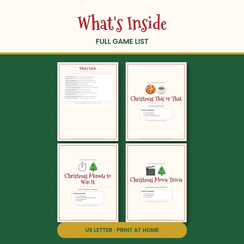 K&ouml;nnte beinhalten: Ein druckbares Spieleset mit einer Liste namens What's Inside, Christmas This or That mit Keks- und Kakao-Symbol, Christmas Minute to Win It mit Timer und Baum sowie Christmas Movie Trivia mit Filmklappe und Baum-Symbol.