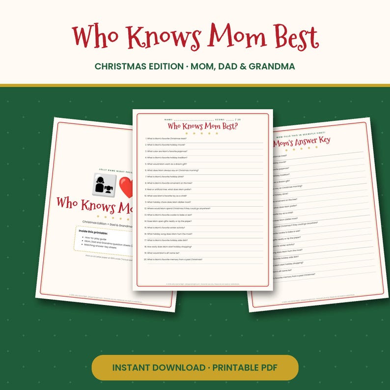 May include: A printable game set titled Who Knows Mom Best Christmas Edition for Mom, Dad, and Grandma. The set includes a question sheet with fifteen numbered lines and a matching answer key sheet, both featuring red text on a cream background.