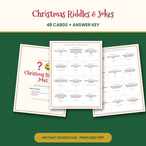 Christmas Riddles for Kids, 48 Printable Riddle and Joke Cards with Answer Key, Classroom & Family Holiday Game, Lunchbox PDF
