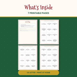 May include: A set of seven printable pages featuring a Christmas-themed 'This or That' game. The pages include a 'How to Play' instruction sheet and three pages with grids of holiday-related questions, all presented on a dark green background.