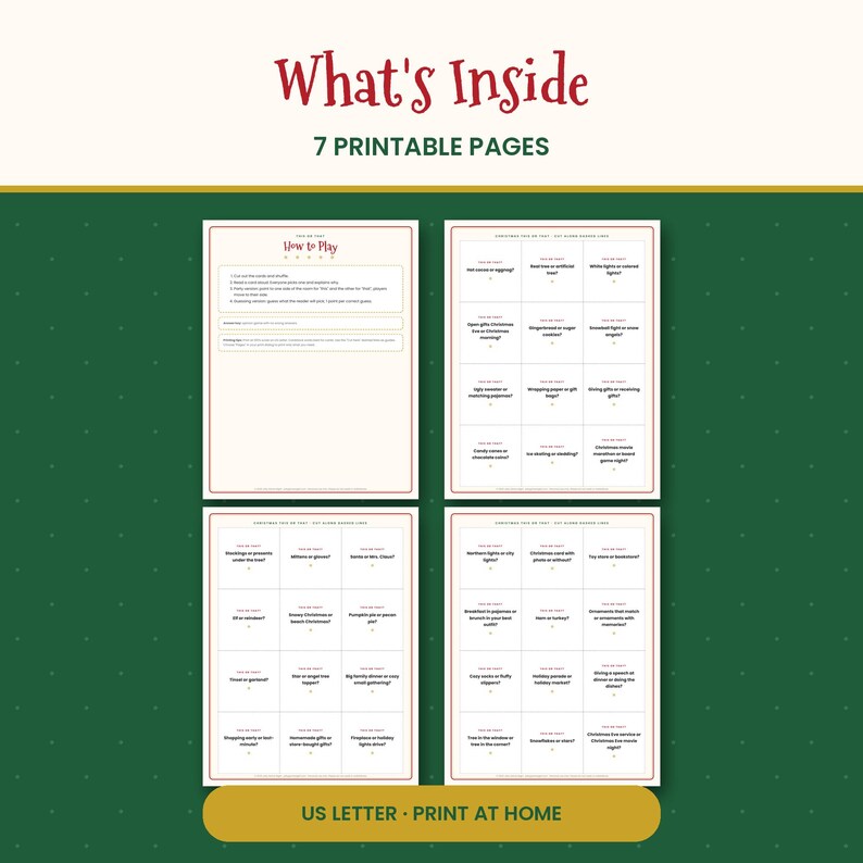 May include: A set of seven printable pages featuring a Christmas-themed 'This or That' game. The pages include a 'How to Play' instruction sheet and three pages with grids of holiday-related questions, all presented on a dark green background.