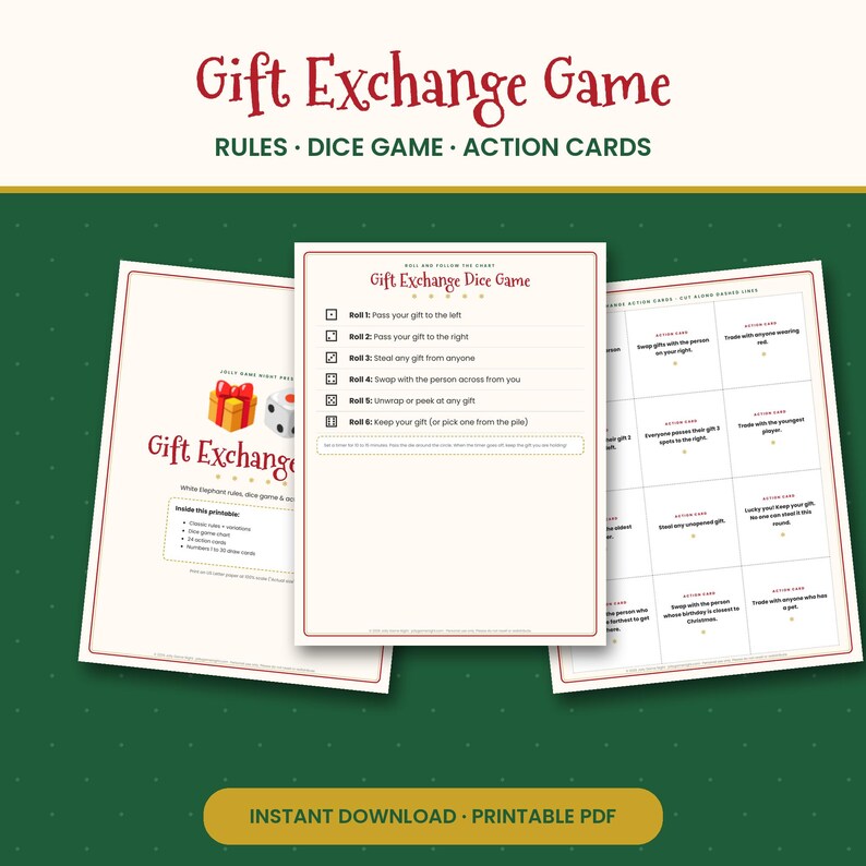 White Elephant Gift Exchange Game Printable, Rules, Dice Game & Action Cards, Christmas Party Game for Office and Family, PDF image 1