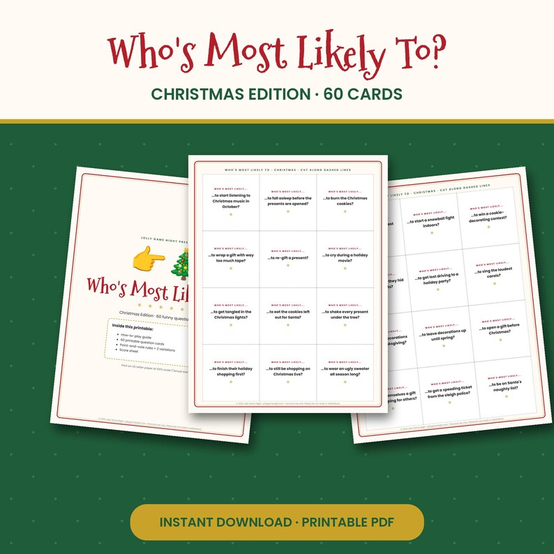 Who's Most Likely To Christmas Edition, 60 Printable Question Cards, Holiday Party Game for Family, Office & Friends, PDF image 1
