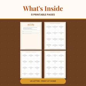 May include: A set of six printable pages featuring a game titled What's Inside. The document includes a How to Play instruction sheet and multiple cards with questions for players, all presented on a brown background with US letter text.