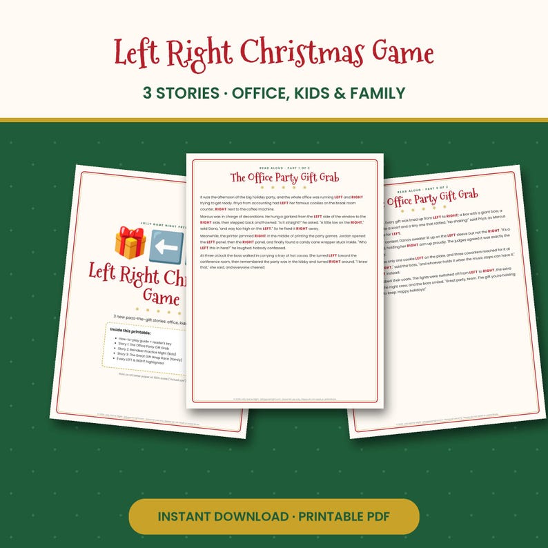 Kerstspel Links Rechts, 3 cadeautjesverhalen voor op kantoor, kinderen en familie, cadeautjesruilspel (printbaar PDF-bestand) afbeelding 1