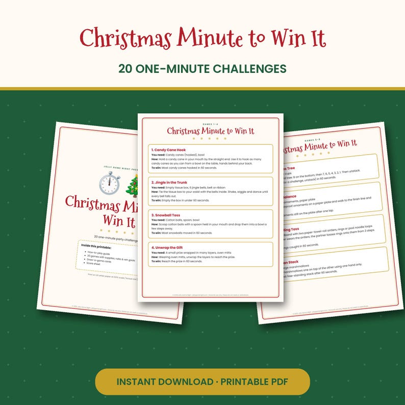 Weihnachtliche „Minute to Win It“-Spiele: 20 druckbare Party-Herausforderungen mit Material und Regeln – ein Weihnachtsspiel für Kinder, Familie und Büro. Bild 1