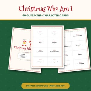 Puede incluir: Un conjunto de tarjetas imprimibles Christmas Who Am I para adivinar personajes, con 40 tarjetas de juego. Las p&aacute;ginas muestran texto que incluye Santa Claus, Mrs. Claus, An Elf, A Reindeer, A Snowman, The Gingerbread Man, Jack Frost.