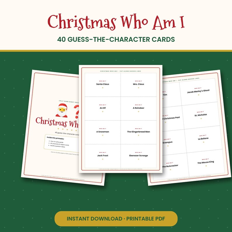 Puede incluir: Un conjunto de tarjetas imprimibles Christmas Who Am I para adivinar personajes, con 40 tarjetas de juego. Las p&aacute;ginas muestran texto que incluye Santa Claus, Mrs. Claus, An Elf, A Reindeer, A Snowman, The Gingerbread Man, Jack Frost.