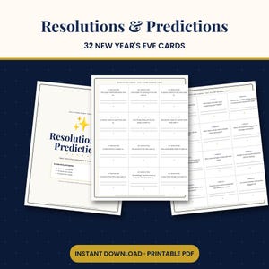 Może przedstawiać: Zestaw 32 kart na Sylwestra zatytułowanych Resolutions & Predictions, zawierający arkusze do druku z pytaniami dotyczącymi osobistych postanowień i prognoz na przyszłość. Karty są ułożone w siatkę z przerywanymi liniami ułatwiającymi wycinanie.