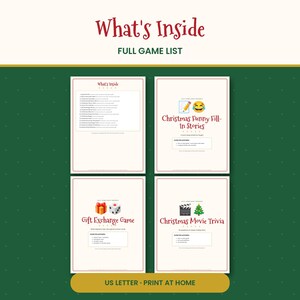 May include: A digital game collection featuring four pages with the text What's Inside, Full Game List, Christmas Funny Fill-In Stories, Gift Exchange Game, and Christmas Movie Trivia. The pages include lists, icons of a pencil, laughing emoji, gift, dice, clapperboard, and tree.