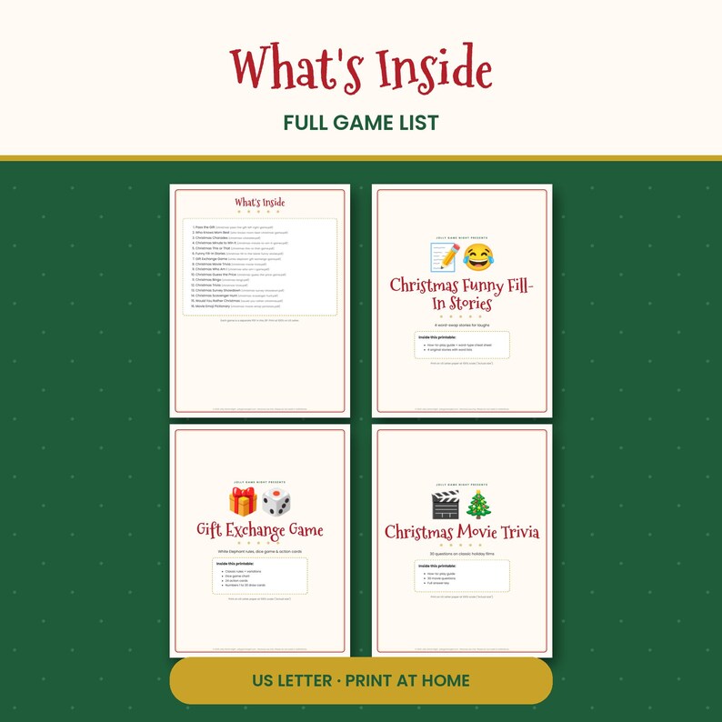 May include: A digital game collection featuring four pages with the text What's Inside, Full Game List, Christmas Funny Fill-In Stories, Gift Exchange Game, and Christmas Movie Trivia. The pages include lists, icons of a pencil, laughing emoji, gift, dice, clapperboard, and tree.