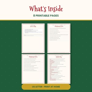 May include: A set of 8 printable Christmas trivia pages on a dark green background. The pages include a How to Play sheet, two Christmas Trivia question sheets, and an Answer Key. The text What's Inside and US Letter - Print at Home is visible.