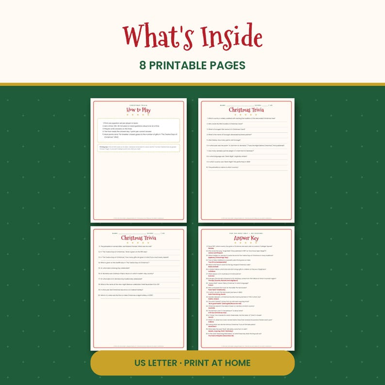 May include: A set of 8 printable Christmas trivia pages on a dark green background. The pages include a How to Play sheet, two Christmas Trivia question sheets, and an Answer Key. The text What's Inside and US Letter - Print at Home is visible.