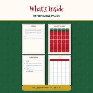 May include: A set of 10 printable pages for a Christmas quiz game. The pages include a How to Play sheet, a Christmas Quiz Show board with red squares, an Around the World trivia sheet, and a Score Sheet. The text reads What's Inside 10 PRINTABLE PAGES.