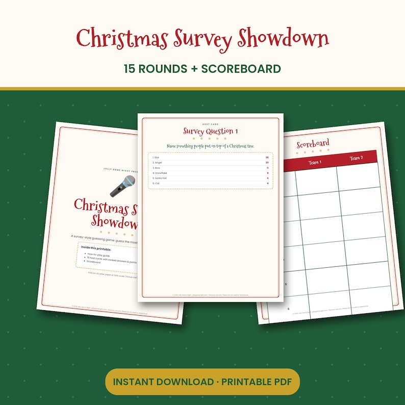 May include: A Christmas Survey Showdown printable game set featuring a title page with a microphone graphic, a survey question card with numbered list, and a scoreboard grid. The documents have cream backgrounds with red text.