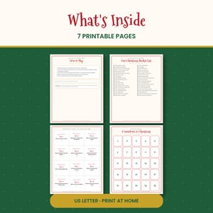 May include: A set of 7 printable pages titled What's Inside, featuring a How to Play guide, Our Christmas Bucket List, daily activity cards, and a Countdown to Christmas calendar grid. The documents are formatted for US Letter size paper.