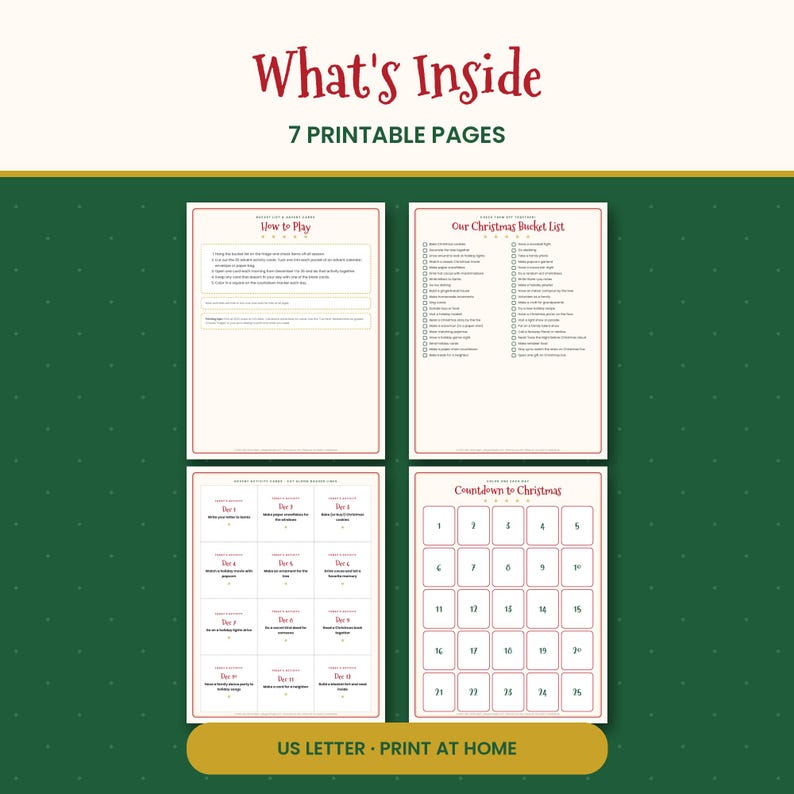 May include: A set of 7 printable pages titled What's Inside, featuring a How to Play guide, Our Christmas Bucket List, daily activity cards, and a Countdown to Christmas calendar grid. The documents are formatted for US Letter size paper.